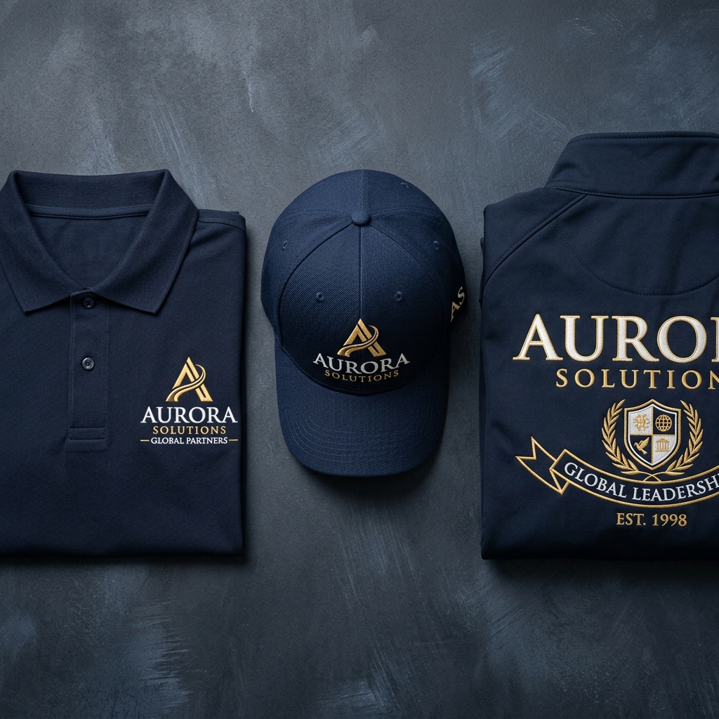 Custom embroidered corporate polo shirts, caps, and jackets with gold detailing