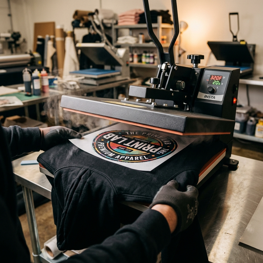 Heat press machine applying a full-color custom design transfer onto a hoodie